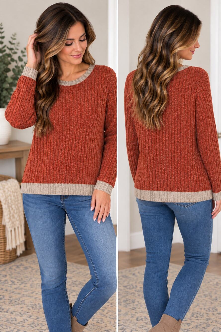 Sampeel Rust Orange Ribbed Knit Sweater Contrast Trim Crewneck Size S